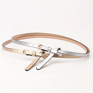 Set of slim silver and champagne gold PU leather belts with rose gold square buckles