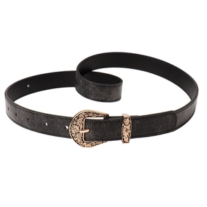 Vintage black leather belt with ornate carved gold metal buckle for women outfits