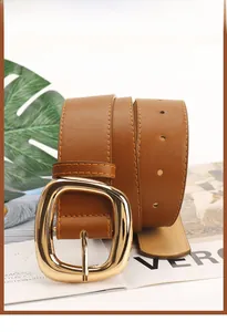 Detailed macro view of brown leather belt with polished gold square buckle and fine stitching