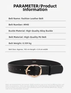 Detailed view of black PU leather belt with oval alloy buckle and specifications