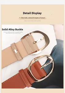 Detail view of khaki and dark brown PU leather belts with gold oval alloy buckles
