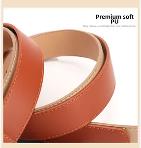 Macro shot of high-quality brown PU leather belt with fine stitching and soft texture