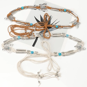 Ceinture Bohème en Corde Cirée Tressée à la Main Femmes Vintage Ethnique Papillon Décoration Turquoise Chaîne de Taille Gland