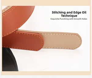 Detailed macro view of the brown leather belt showing fine stitching and smooth hole edges