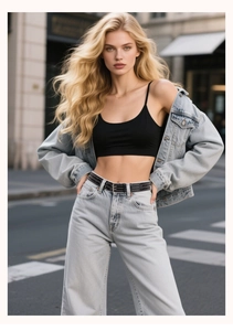Tenue street style avec crop top noir, veste en jean et ceinture punk noire cloutée