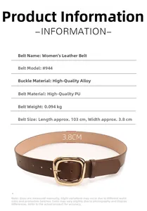 Detailed chart showing dark brown PU leather belt with gold buckle and size specifications
