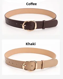 Vertical view of women's PU leather belts in coffee and khaki with gold oval buckles