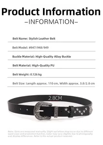 Spécifications de taille et vue macro de la ceinture punk avec rivets étoiles et boucle