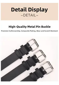 Macro view of silver metal pin buckles and polished hardware on black leather belts