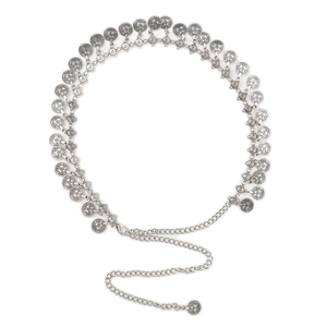 Cintura a catena retrò in metallo argento con ciondoli moneta vintage e chiusura a moschettone