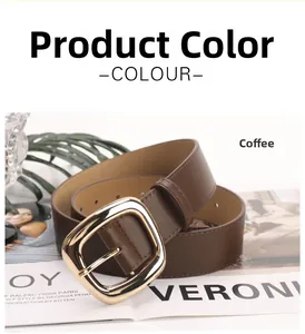 Detail of coffee brown leather belt with gold square buckle and smooth texture finish