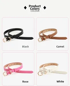 Dettaglio di quattro cinture sottili in pelle nei colori nero, cammello, rosa e bianco