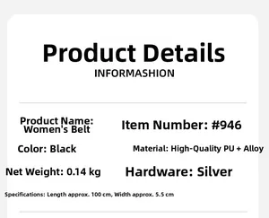 Detailed size specifications for women's black PU leather belt with alloy buckle