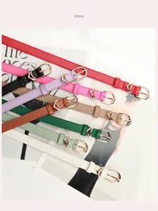 Nove sottili cinture in pelle colorata con fibbie dorate piatte su una rivista di moda