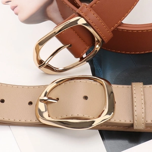 Chic women's wide PU leather belts with gold irregular oval buckles in tan and beige