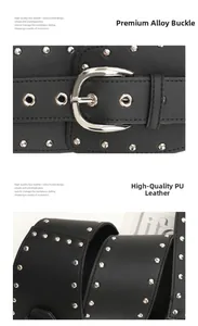 Détail d'une ceinture punk Y2K avec rivets argentés et texture en cuir PU de haute qualité