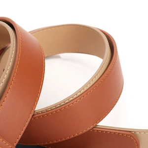 Classic brown leather belt for women featuring premium yellow contrast stitching details