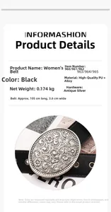 Detailed macro view of black PU belt featuring vintage silver floral engraved buckle