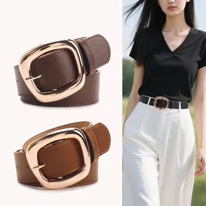 Women Fashion PU Leather Belt Retro Wide Waist Strap With Large Square Alloy Pin Buckle Versatile Decorative Jean Belt For Lady