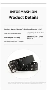 Detailed view of hip hop double grommet belt with silver metal buckle and dimensions