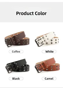 Detail showing double eyelet belts in coffee, white, black and camel colors