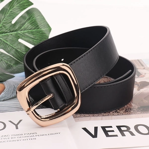 Classic 3.8cm black leather belt for women with elegant square gold metal buckle