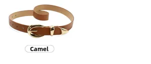 Détail d'une ceinture en cuir camel avec boucle ovale dorée et embout métallique poli