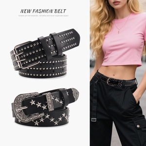 Ceinture punk en cuir noir avec clous en étoile argentée et boucle vintage pour jean