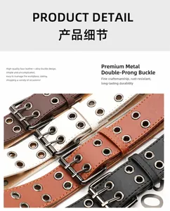 Close-up detail of double grommet faux leather belts in black brown and white colors