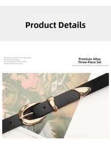 Détail d'une ceinture noire en cuir PU avec boucle à trois pièces en alliage doré