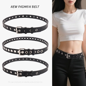 Women Punk Grommet Belt Gothic Hollow Out Metal Eyelet Faux Leather Waist Belt With Pin Buckle For Jeans Streetwear Accessory