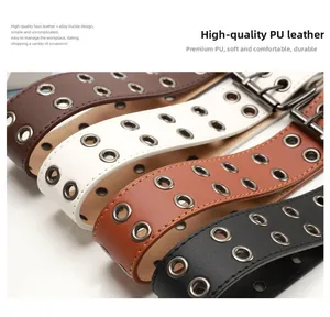 Detail shot of vintage PU leather belts with double row metal eyelets in four colors