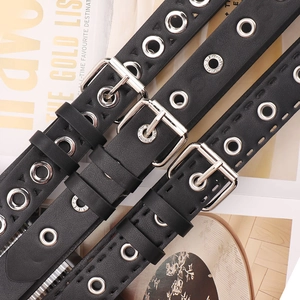 Three-pack of punk style black faux leather belts with silver metal eyelets and pin buckles