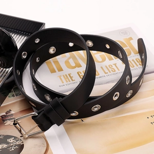 Punk style black leather belt for women with silver metal eyelets and square buckle clasp