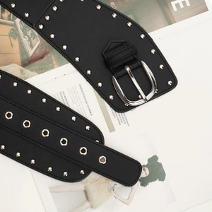 Large ceinture corset noire style punk Y2K avec rivets argentés et boucle métallique