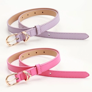 Cinture sottili in pelle da donna in viola chiaro e rosa con fibbia ad ardiglione a V dorata
