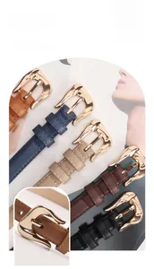 Detail view of five assorted slim leather belts for women with chic gold alloy buckles