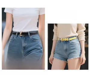 Slim women's belt set with gold horseshoe buckles on jeans and white shirts