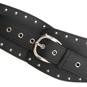 Ceinture large en cuir noir style Punk Y2K avec doubles rangées de rivets argentés