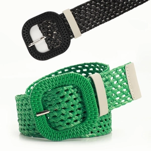 Ceintures tressées en paille pour femmes en vert et noir avec grandes boucles