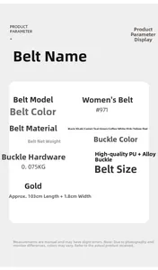 Detailed product specifications for minimalist women's PU leather belt with gold alloy buckle