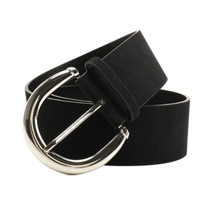 Retro black PU suede wide belt for women featuring a large polished silver U-shaped buckle
