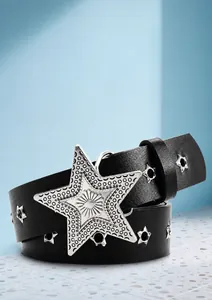 Detail of a punk style black belt with a silver zinc alloy star buckle and metal rivets