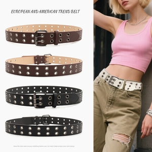 Punk Style Faux Leather Belt Unisex Double Row Grommets Waist Belt With Double Prong Pin Buckle For Jeans Streetwear Hip Hop Accessory