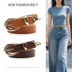 Ceinture Fine en Cuir Artificiel pour Femmes Taille Minimaliste Rétro Avec Boucle en Alliage Doré Design Matériel en Trois Pièces Ceinture Élégante pour Jeans