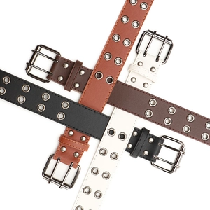 Hip hop punk style PU leather belt with double grommets and metal twin-pin buckle
