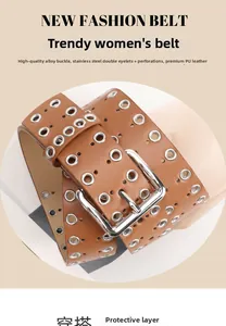 Close-up of tan PU leather belt featuring double-row metal eyelets and alloy buckle