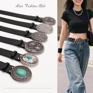 Women's Western Vintage Faux Leather Belt With Carved Alloy Buckle Bohemian Turquoise Rhinestone Decorative Waist Belt