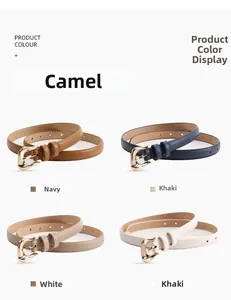 Detail display of stylish women's belts in camel, navy, khaki, and white with gold buckles