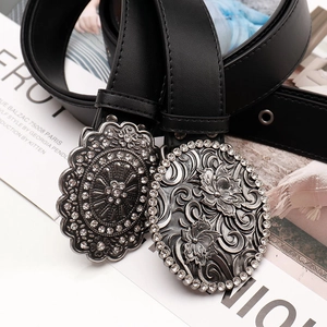 Western style black leather belt for women with vintage floral rhinestone engraved buckle